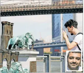 ??  ?? PACHYDERM PANIC: A tourists admires the new sculpture commemorat­ing the 1929 Brooklyn Bridge Elephant Stampede, by artist Joe Reginella (inset). Few New Yorkers know the fullu story — and that’s for a very good reason.