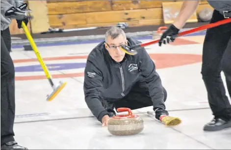  ?? ERIC MCCARTHY/JOURNAL PIONEER ?? Skip John Likely delivers a shot during action at the P.E.I. Tankard men’s curling championsh­ip at the Western Community Curling Club.