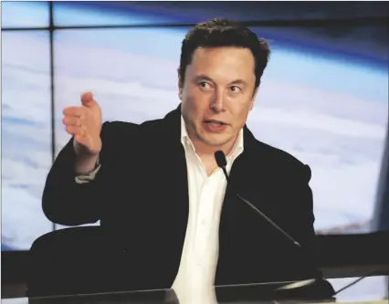  ?? AP PHOTO/JOHN RAOUX ?? In this 2019 file photo, Elon Musk, CEO of SpaceX, speaks during a news conference after the SpaceX Falcon 9 Demo-1 launch at the Kennedy Space Center in Cape Canaveral, Fla.