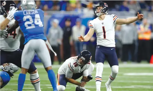  ?? JEFF HAYNES/AP ?? Bears kicker Cody Parkey is an onside-kick maestro. In the last three years, he has been successful on six onside kicks in nine tries.