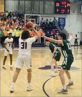  ?? 3; UM-Hopkins, Meakim 3, Tiernan, Garofalo. KEV HUNTER — MEDIANEWS GROUP ?? Upper Moreland’s Stafano Garofalo (left) is guarded by Bishop Shanahan’s Will O’Loughlin during their district playback on Wednesday.