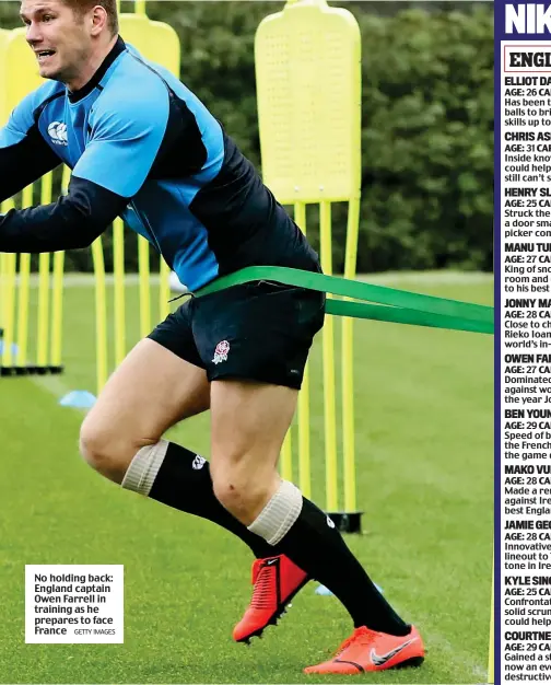  ?? GETTY IMAGES ?? No holding back: England captain Owen Farrell in training as he prepares to face France