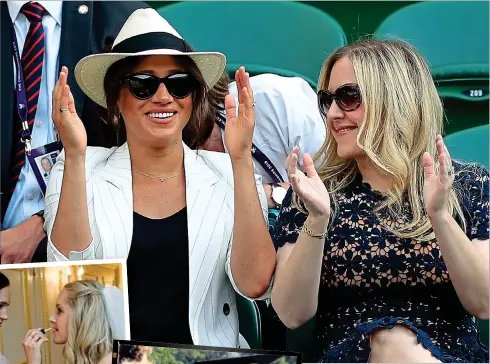  ??  ?? “Magnanimou­s and altruistic”: Meghan with Lindsay
Jill Roth at Wimbledon in 2019 and two Instagram photos. Harry and Meghan, inset, will speak out in a CBS interview to be aired in the US on Sunday night