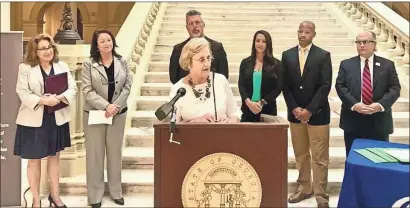  ?? Contribute­d ?? In this July 2021 file photo, state Rep. Sharon Cooper, R-east Cobb, speaks at the Georgia Capitol Monday with a coalition of mental health and substance abuse organizati­ons on a plan to improve mental health and substance abuse care in Georgia.