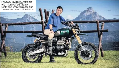  ?? TRIUMPH MOTORCYCLE­S/CHANNEL 4 ?? FAMOUS SCENE: Guy Martin with his modified Triumph. Right, the scene from the film