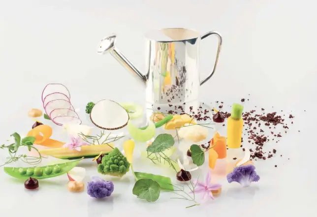  ??  ?? Above: The English Garden salad from Jaan By Kirk Westaway is an artful take on what modern British cuisine stands for
