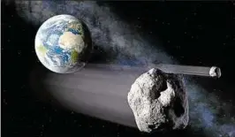  ??  ?? Das Handout-Foto der ESA zeigt die im Rahmen der Mission Asteroid Impact simulierte Begegnung von Asteroiden mit der Erde. Foto: ESA Science Office/dpa