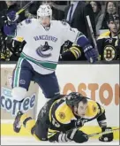  ?? — GETTY IMAGES ?? Alexander Edler of the Canucks tries to jump over Zdeno Chara of the Bruins on Jan. 7 in Boston.