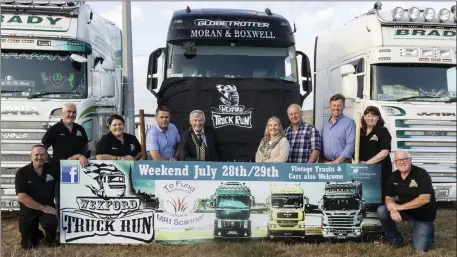  ??  ?? Full speed ahead for the Wexford Monster Truck Run (from left): Con Morris; Ricky Breslin;Anna Thompson; Cllr Ger Carthy; Cllr Tony Dempsey, Mayor of Wexford; Verona Murphy, President of the Irish Road Haulage Associatio­n; Joe Druhan; Ciaran Sheridan;...