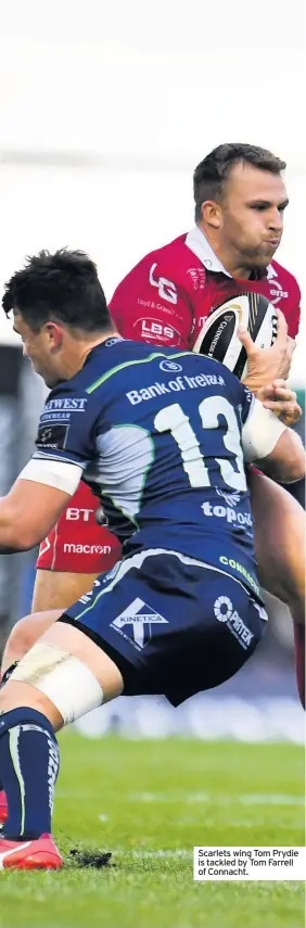  ??  ?? Scarlets wing Tom Prydie is tackled by Tom Farrell of Connacht.