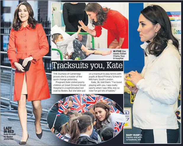  ??  ?? LADY IN RED Kate in coat by Boden yesterday HI FIVE She meets Rafael Chana, four, in hospital BABY BUMP In trackie and with schoolkids, left