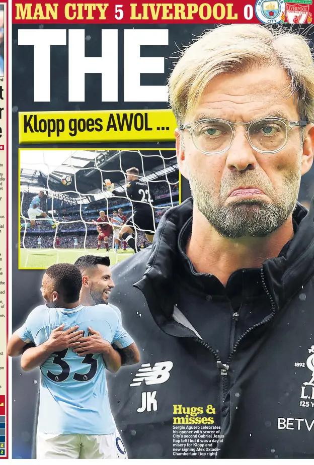  ??  ?? DISBELIEF: Mane reacts to red card Sergio Aguero celebrates his opener with scorer of City’s second Gabriel Jesus (top left) but it was a day of misery for Klopp and new signing Alex OxladeCham­berlain (top right)