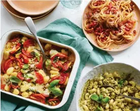  ?? Bianca Nice. Photograph: Kate Whitaker/The Observer ?? Clockwise from left: baked crispy gnocchi by Rukmini Iyer; bucatini with pancetta by Anna Del Conte; pistachio pesto by Elia Sebregondi. Prop styling: Kate Whitaker. Food styling: