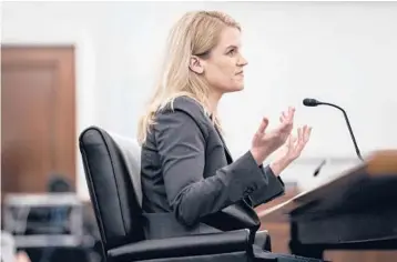  ?? JABIN BOTSFORD/THE WASHINGTON POST ?? Former Facebook data scientist Frances Haugen during a Senate hearing Tuesday. Among her remarks to lawmakers, she said that“the kids who are bullied on Instagram, the bullying follows them home.”