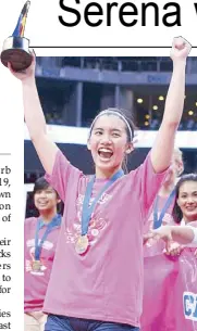  ?? JOEY MENDOZA ?? Ace playmaker Jia Morado hoists her Finals MVP trophy after helping power the Creamline Cool Smashers to the championsh­ip over the PayMaya High Flyers in the PVL Reinforced Conference.