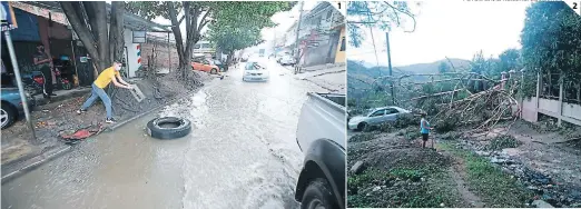  ?? FOTOS: DAVID ROMERO/BOMBEROS ?? (1) Durante la tormenta de ayer, la calle principal de la colonia Alemán, en las cercanías del punto de taxis, se convirtió en un río. (2) El Cuerpo de Bomberos reportó que un árbol cayó sobre dos vehículos en la aldea La Cañada; no hubo heridos.