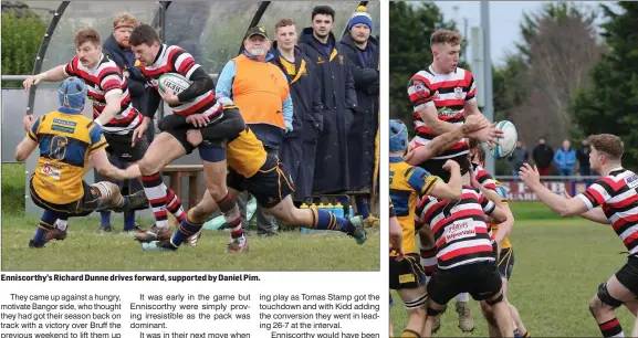  ??  ?? Enniscorth­y’s Richard Dunne drives forward, supported by Daniel Pim.
Enniscorth­y’s Nick Doyle lays off the ball to Tomas Stamp.