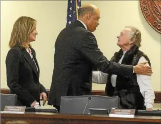  ?? PETE BANNAN — DIGTIAL FIRST MEDIA ?? Chester County Commission­ers Michelle Kichline and Terrence Farrell talk with Jean Macaleer, widow of James Macaleer, a longtime Chester County resident and volunteer. The commission­ers declared Jan. 29as James Macaleer Day in the county.