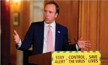  ?? Matt Hancock attends a remote press conference in June 2020. Photograph: Andrew Parsons/10 Downing Street/AFP/Getty Images ??