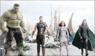  ??  ?? A scene from Thor: Ragnarok ... (from left) Hulk (Mark Ruffalo), Thor (Chris Hemsworth), Valkyrie (Tessa Thompson) and Loki (Tom Hiddleston).