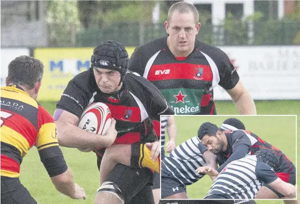  ?? Ian Moss ?? Injured pairing Aaron Duggan ( front) and Sam Bryan could be back in action for Widnes on Saturday when they face Southport once more; ( inset) pair of Broughton Park defenders wrap up Widnes player Pia Liku as he attempts drive upfield in the teams’...