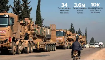  ?? AFP ?? A convoy of Turkish military vehicles near the town of Hazano in the northern countrysid­e of Syria’s Idlib. —