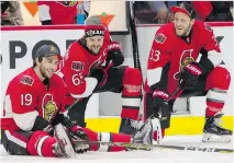  ?? ERROL MCGIHON ?? Ottawa Senators Derek Brassard, Erik Karlsson and Freddy Claesson have a laugh during the Sens Skills Competitio­n on Friday.