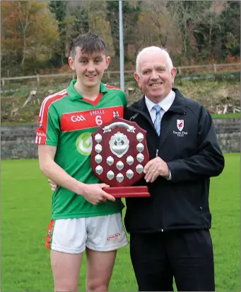  ??  ?? Johnny Brosnan East Kerry Vice Chairman presenting the East Kerry Minor C Champ Trophy to Kilcummin Captain Sean O’Leary after his side defeated Spa at Spa GAA Ground, Killarney