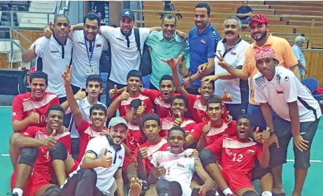  ??  ?? The victorious Oman U17 team celebrate after clinching a silver medal at the 14th Arab U17 Volleyball Championsh­ip in Amman, Jordan, on Friday