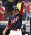  ?? DAVID DERMER — THE ASSOCIATED PRESS ?? The Indians’ Francisco Lindor reacts after scoring in the first inning of Game 2.