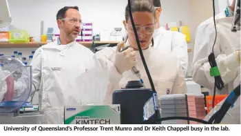  ??  ?? University of Queensland’s Professor Trent Munro and Dr Keith Chappell busy in the lab.