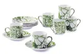  ??  ?? Far right, fresh green and white hues in a floral print make this demitasse set from HomeGoods a pretty addition to a home’s chinaware collection.