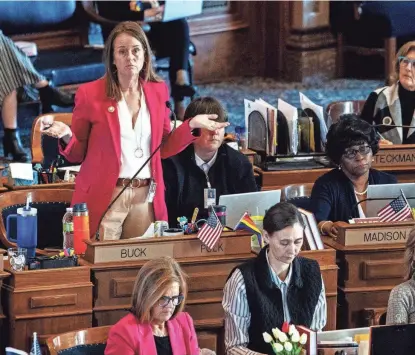  ?? PHOTOS BY LILY SMITH/THE REGISTER ?? State Rep. Molly Buck, D-Ankeny, said Republican­s should have pursued a task force without the bill’s other changes that she believes will leave the system “in chaos.”