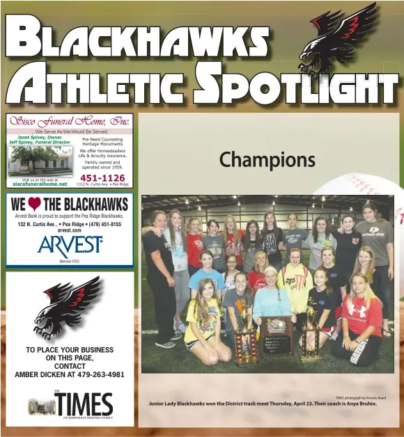  ?? TIMES photograph by Annette Beard ?? Junior Lady Blackhawks won the District track meet Thursday, April 23. Their coach is Anya Bruhin.