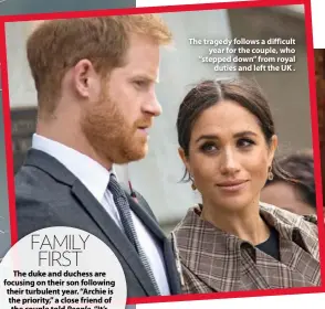  ??  ?? The tragedy follows a difficult year for the couple, who “stepped down” from royal duties and left the UK .