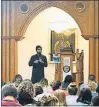  ??  ?? Haris Ali, youth director of the Islamic Society of Greater Oklahoma City, talks with youths and their adult advisers during a visit to the Islamic Society's mosque, 3815 N
St. Clair, as part of the 2019 Interfaith Youth Tour on Sept. 15 in Oklahoma City.