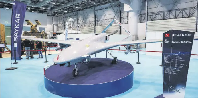  ?? ?? A TB2 drone of Turkish drone-maker Baykar is seen at a stand during the SAHA EXPO defense and aerospace exhibition in Istanbul, Türkiye, Nov. 10, 2021.