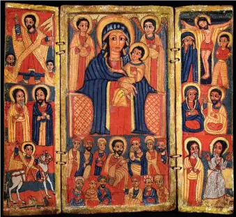  ??  ?? A triptych depicting, from left, Jesus, the Apostles, and Saint George and the dragon; Mary with Jesus and the Last Supper; and crucified Jesus and the Apostles, Ethiopia, eighteenth–nineteenth centuries