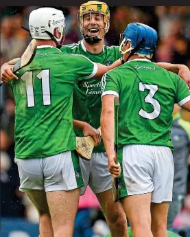  ?? INPHO/SPORTSFILE ?? Glory: (right) Limerick’s Tom Morrissey scores against Kilkenny on Sunday; Dan Morrisey (above centre) celebrates the win with Kyle Hayes (left) and Mike Casey