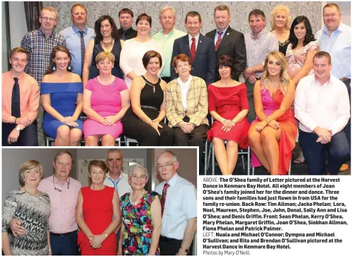  ?? ABOVE: LEFT: Photos by Mary O’Neill. ?? The O’Shea family of Letter pictured at the Harvest Dance in Kenmare Bay Hotel. All eight members of Joan O’Shea’s family joined her for the dinner and dance. Three sons and their families had just flown in from USA for the family re-union. Back Row: Tim Allman; Jacko Phelan; Lora, Noel, Maureen, Stephen, Joe, John, Donal, Sally Ann and Lisa O’Shea; and Denis Griffin. Front: Sean Phelan, Kerry O’Shea, Mary Phelan, Margaret Griffin, Joan O’Shea, Siobhan Allman, Fiona Phelan and Patrick Palmer.Nuala and Michael O’Connor; Dympna and Michael O’Sullivan; and Rita and Brendan O’Sullivan pictured at the Harvest Dance in Kenmare Bay Hotel.