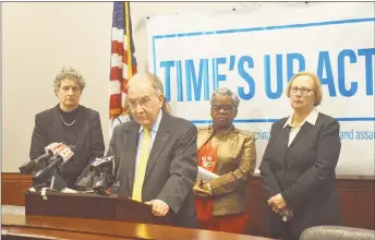  ?? Emilie Munson / Hearst Connecticu­t Media ?? Senate President Pro Tempore Martin Looney, D-New Haven, center, leads the charge for the passage of the Time’s Up Act, reforming Connecticu­t’s sexual harassment laws, in February. He was joined by, from left, Sen. Beth Bye, D-West Hartford; Sen....