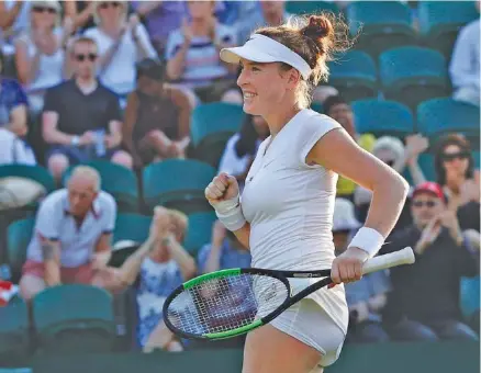  ?? THE ASSOCIATED PRESS ?? Madison Brengle celebrates after beating Petra Kvitova 6-3, 1-6, 6-2 on Wednesday in a second-round match at Wimbledon. Kvitova was seeded 11th and a popular and sentimenta­l pick to win the tournament.