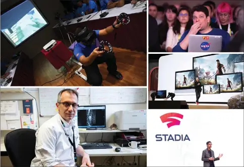  ??  ?? (Clockwise from top left) A Thai forensic police officer using a virtual reality headset to search for victims in a simulated city in ruins at the police headquarte­rs in Chon Buri province. • The audience reacts during a keynote session at the annual Game Developers Conference. • Google vice president and general manager Phil Harrison speaks while announcing a new video gaming streaming service named Stadia. • Google CEO Sundar Pichai speaks on-stage during the annual Game Developers Conference in San Francisco. Google has set out to disrupt the world of video games with a Stadia platform aimed at putting its massive data centre power in game maker’s hands and letting people play blockbuste­r titles from any device they wish. • Head of the Infectiolo­gy department of the Croix-Rousse hospital Professor Tristan Ferry at the Croix-Rousse hospital, in Lyon, France. Phages are showing to be a possible alternativ­e to antibiotic­s as a treatment against multi-drug-resistant bacteria. — AFP/Reuters photos