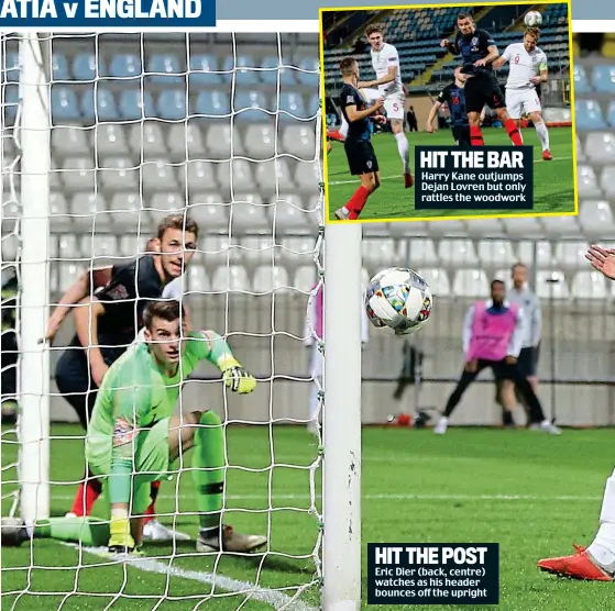  ??  ?? Harry Kane outjumps Dejan Lovren but only rattles the woodwork Eric Dier (back, centre) watches as his header bounces off the upright HIT THE BAR HIT THE POST