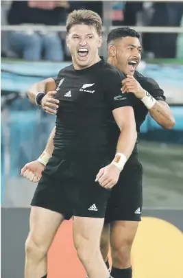  ?? Picture: AFP ?? SHEER JOY. All Blacks fullback Beauden Barrett (left) celebrates with flyhalf Richie Mo’unga after his try during their Rugby World Cup quarterfin­al against Ireland at the Tokyo Stadium on Saturday.