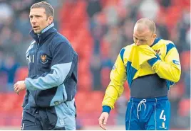  ?? ?? Jody Morris with the then St Johnstone mananger, Derek McInnes, after losing the 2008 League Cup semi-final to Rangers on penalties