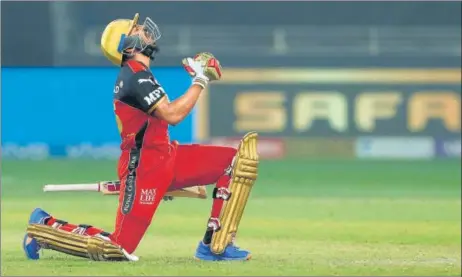  ?? BCCI ?? KS Bharat celebrates after hitting a six off the last ball to help RCB beat Delhi Capitals by seven wickets at the Dubai Internatio­nal Stadium on Friday.