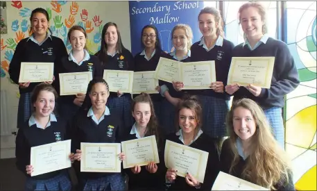  ??  ?? Fifth Year St. Mary’s School Mentor award winners pictured with their certificat­es at the Annual Awards ceremony on Monday. Front L/R Lauren O’Grady, Jolene Forde, Aisling Smith, Laura Fitzpatric­k and Eimear Hayes. Back L/R. Tara Browne, Sarah A....