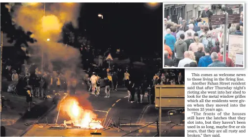  ?? BRIAN LAWLESS/MARTIN McKEOWN ?? Rioting on Fahan Street, and (above) last night’s rally urging an end to the violence
