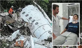  ?? GETTY ?? Tragedy: Crashed jet in Colombia in 2016 and [inset] Erwin recovering in clinic